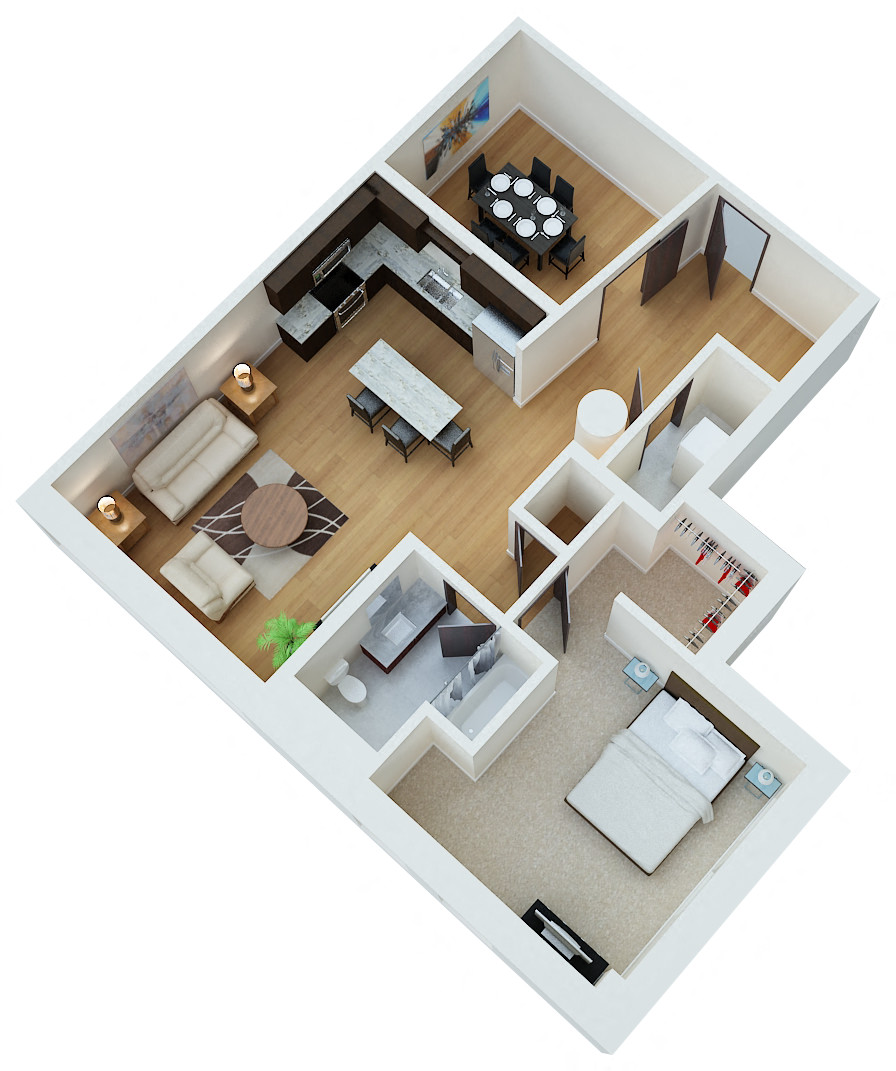 Floor plan for 1 bed, 1 bath, 1072 sqft